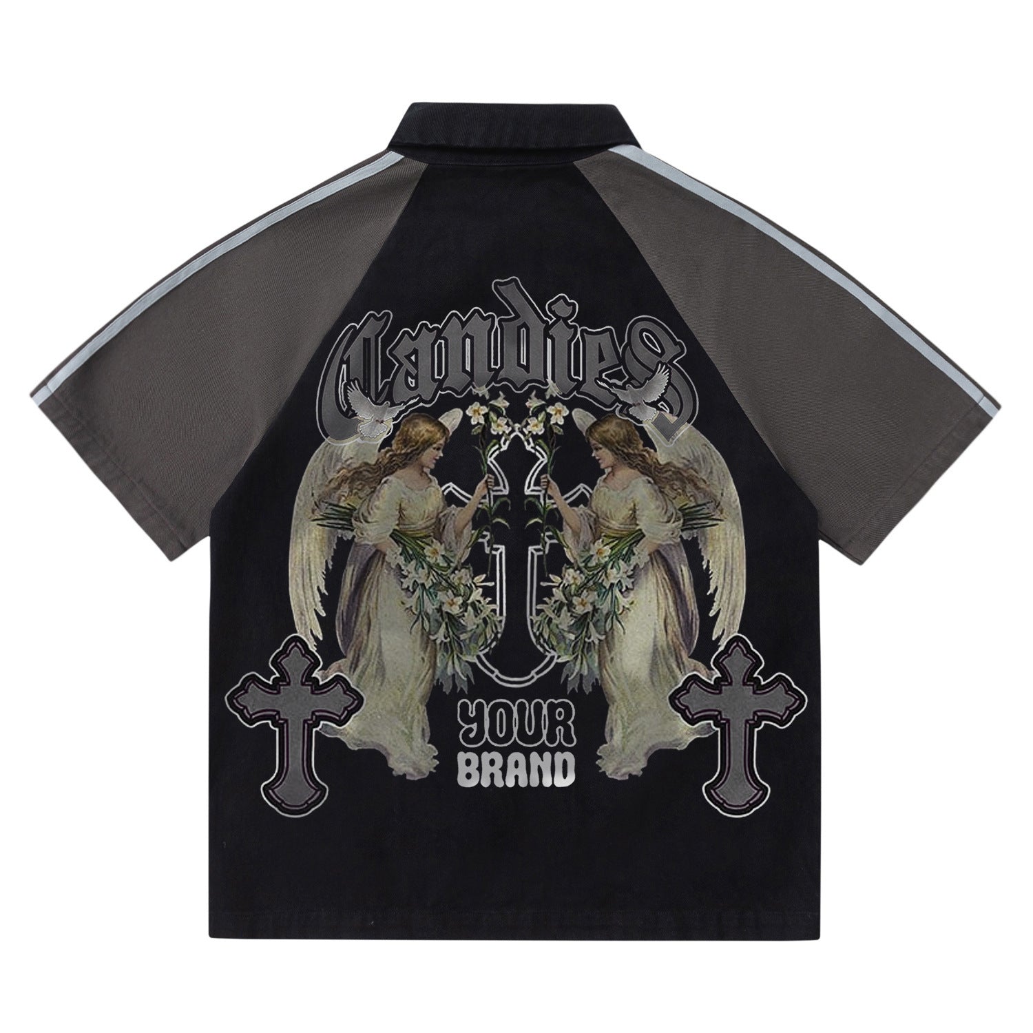 American Retro Embroidery Bars Stitching Raglan Short Sleeve Jacket Men