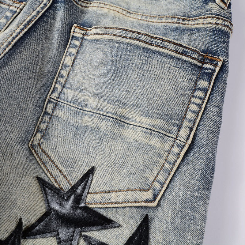 High Street Blue Five-pointed Star Stretch Slim Jeans