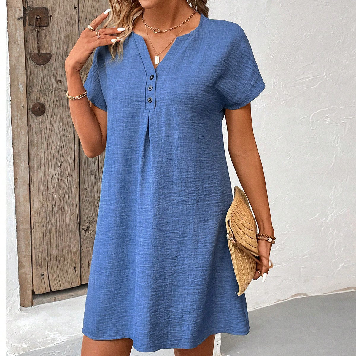 Solid Color Casual V-neck Dress Button