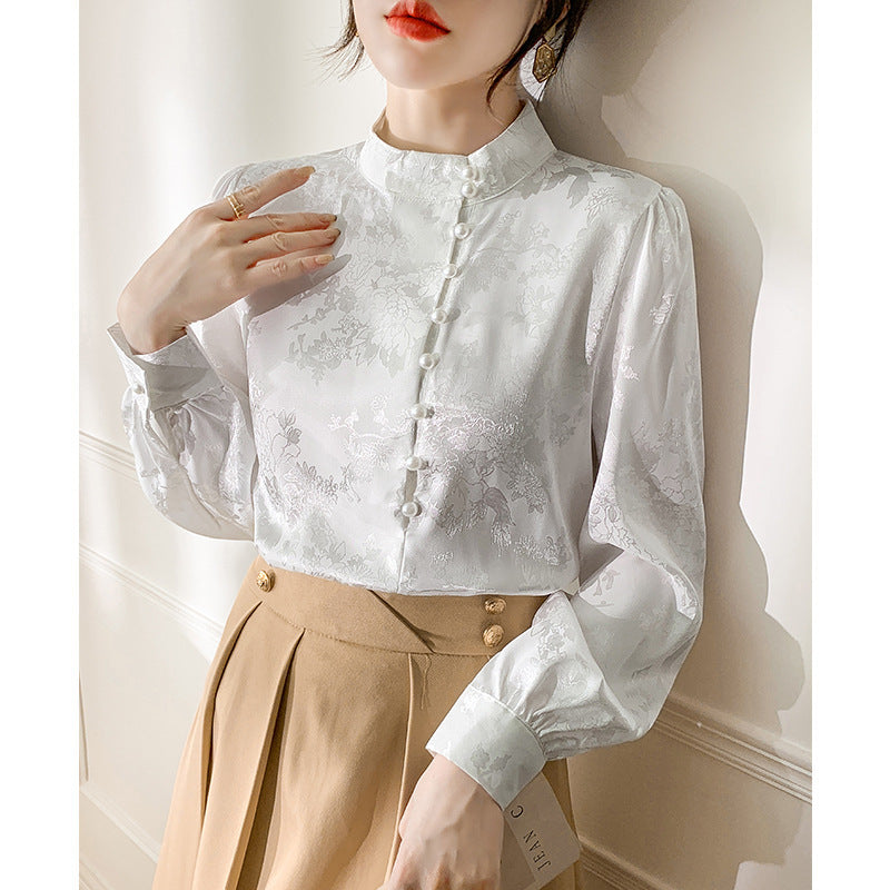 Stand Collar Long Sleeve Shirt Women's Design Beaded Western Style Inner Bottoming Top