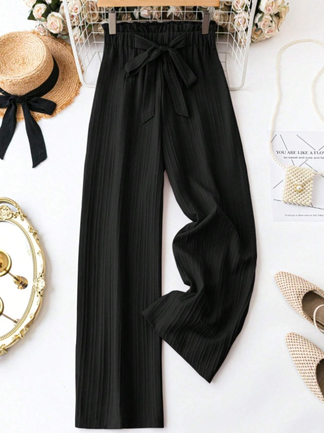 Women's Casual Solid Color Straight Wide-Leg Pants With Belt
