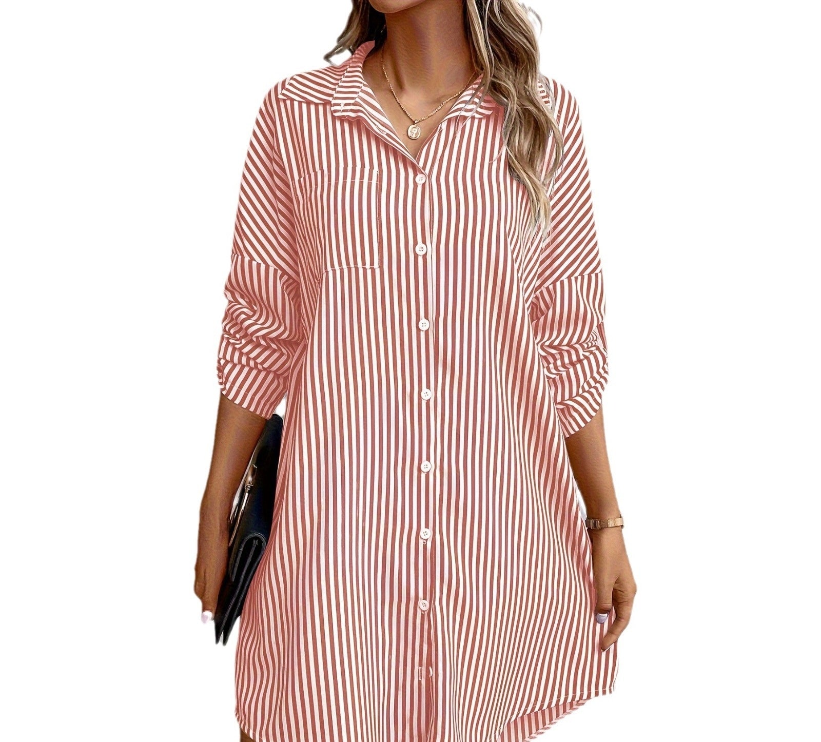 Striped Pockets Loose Commuter Shirt Dress