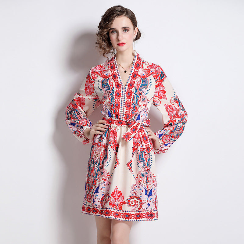 European And American Style Positioning Pattern V-neck Slimming Long Sleeves Dress