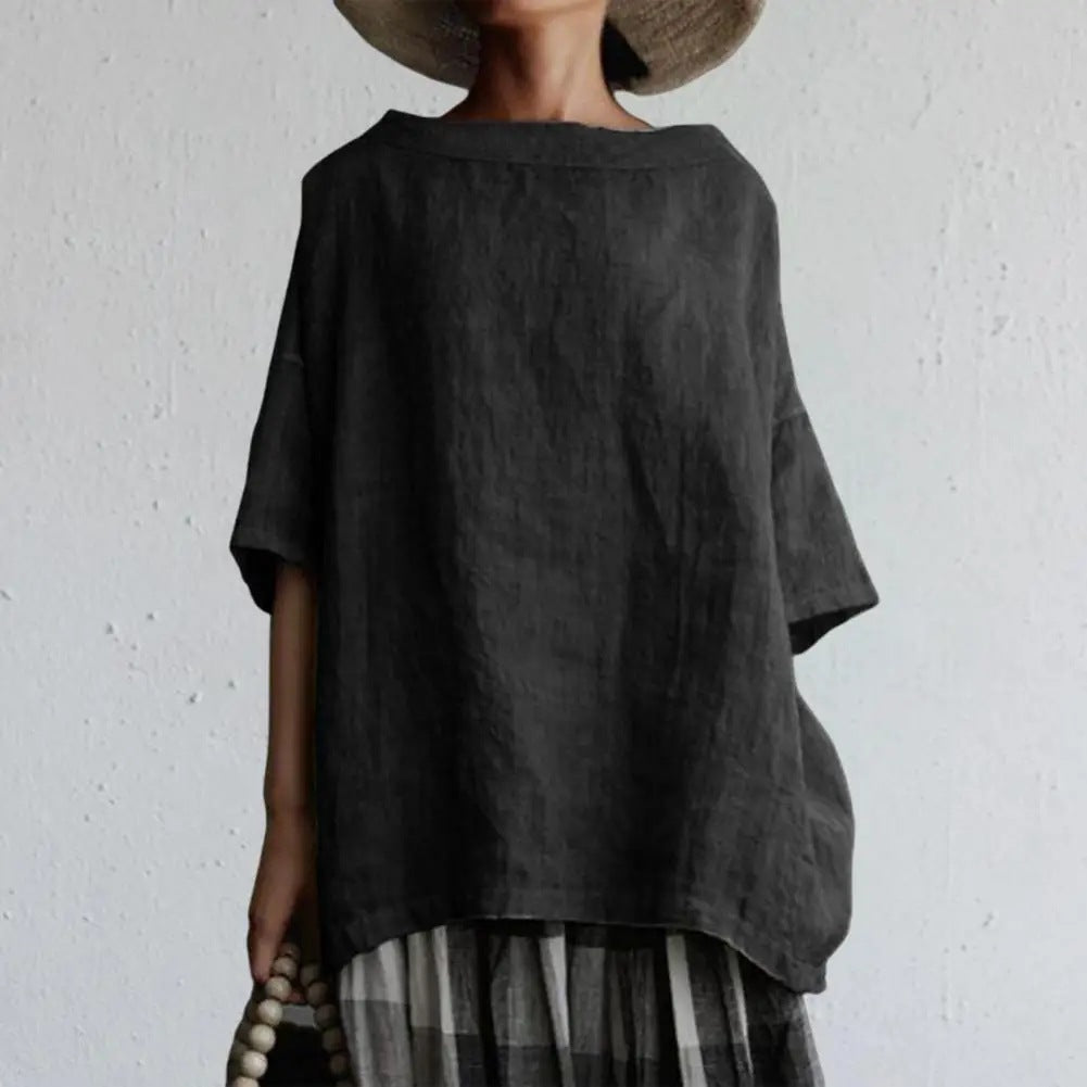 New Cotton And Linen Style Solid Color Loose Women's Wear T-Shirt