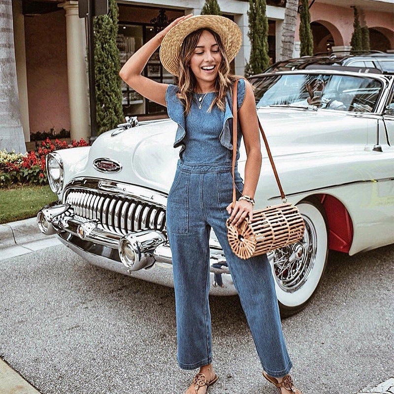 Women's lace-up ruffled denim one-piece suit