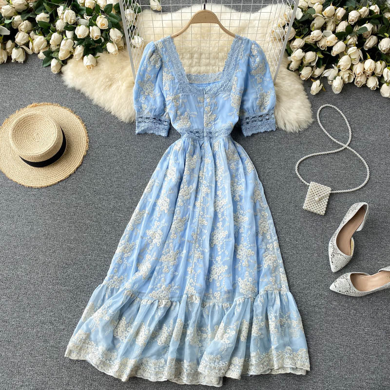 Women's Vintage Heavy Duty Embroidered Lace Square Neck Slim Fit Mid Length Ruffle Dress