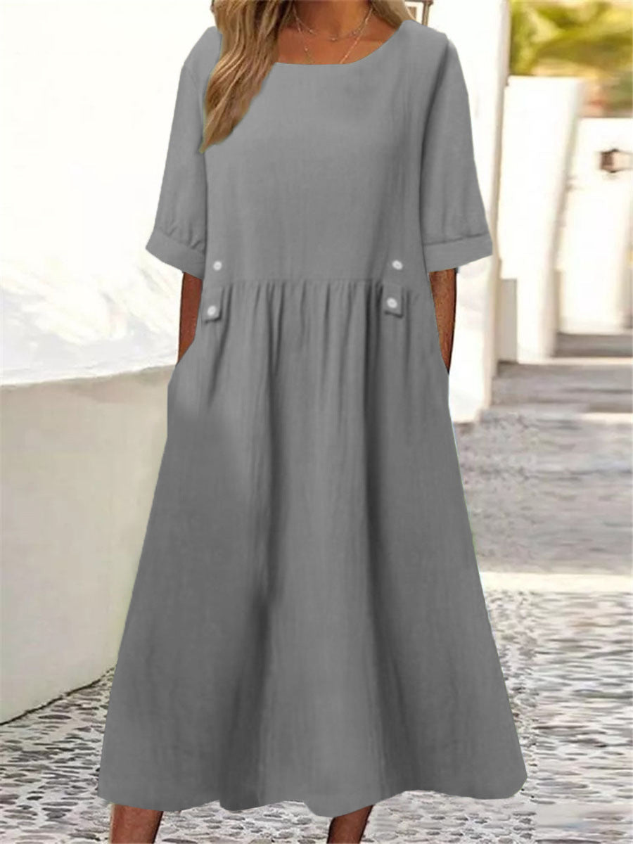 Plus Size Casual Round Neck Shirt With Half Sleeve Button Dress Women