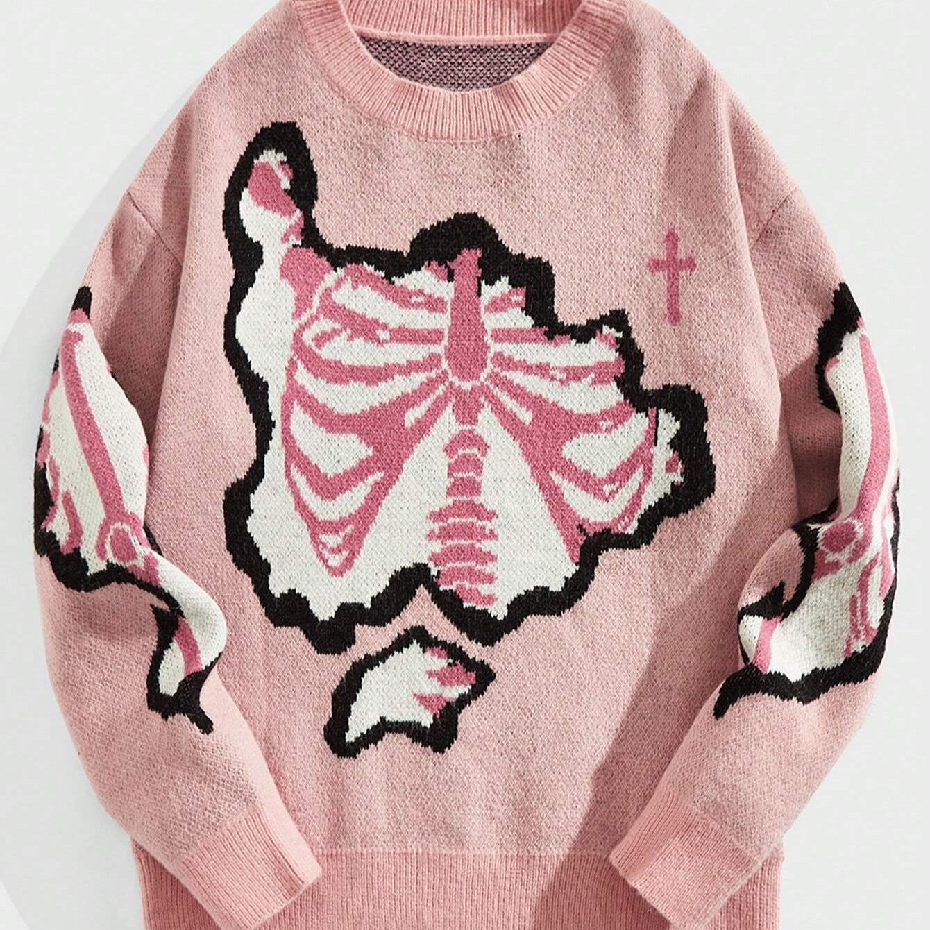 Personality Street Trend Dark Style Skeleton Jacquard Round Neck Pullover Knitted Sweater