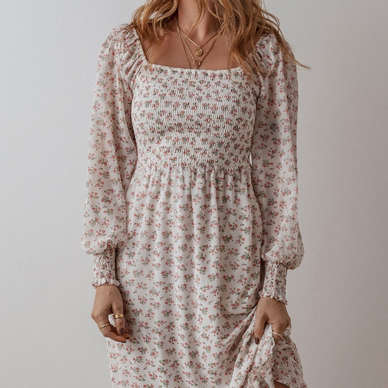 Temperament Small Floral Square Collar Dress