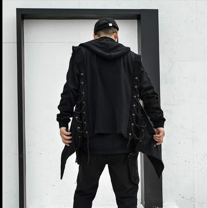 Dark Mid Length Windbreaker Men's Loose Hip Hop Cloak Sweater Hooded Coat