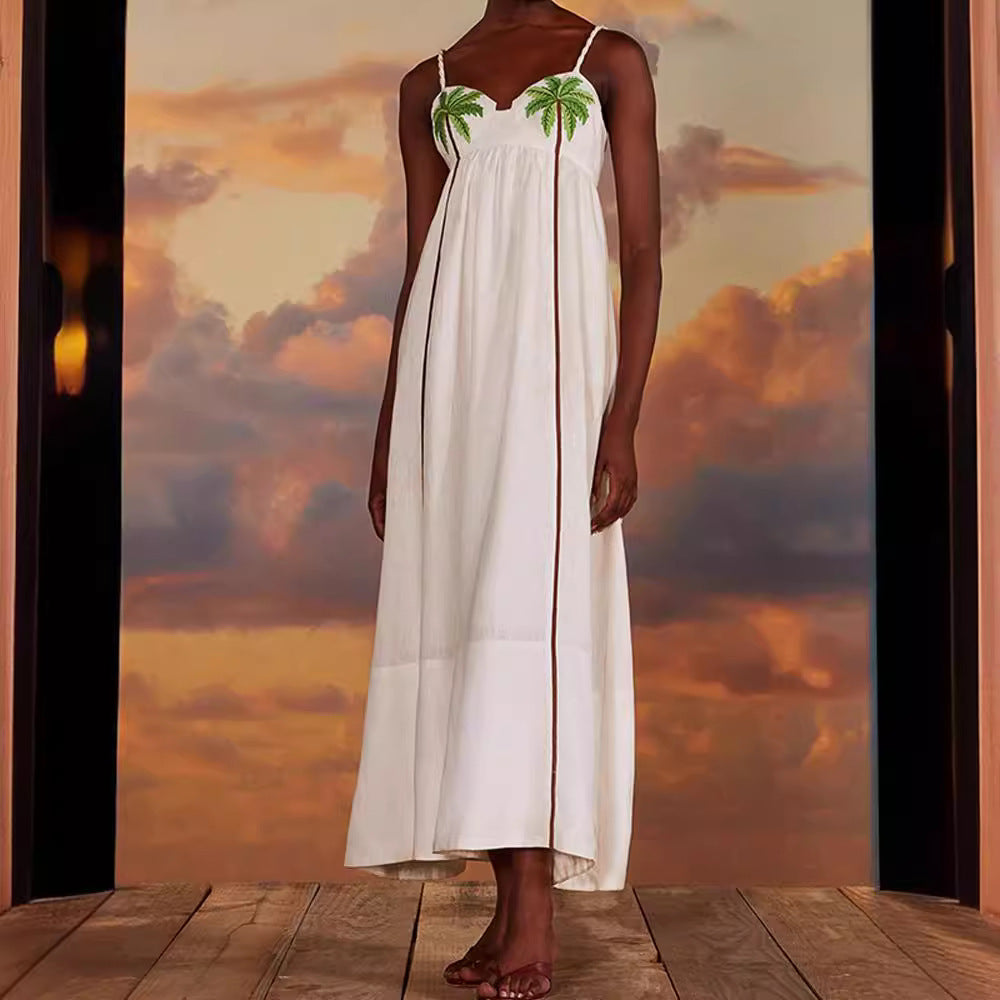 Summer New Fashion Temperament Coconut Tree Printed Suspender Dress