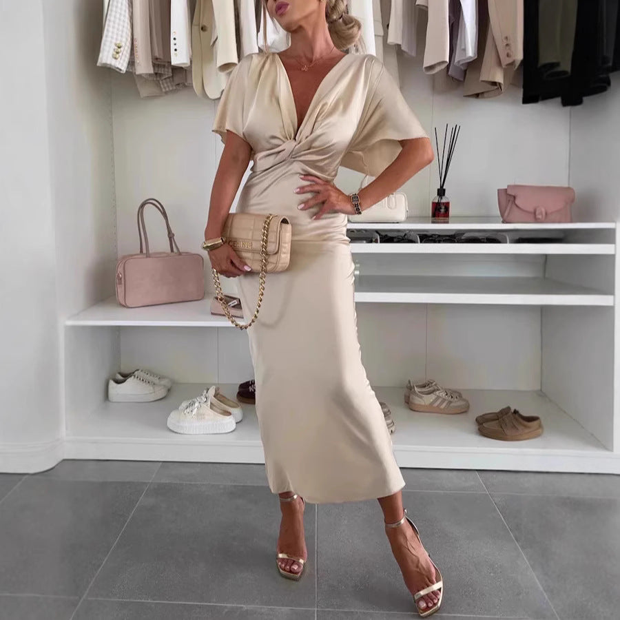 Solid Color And V-neck Cross Junction Slim Fit Long Dress