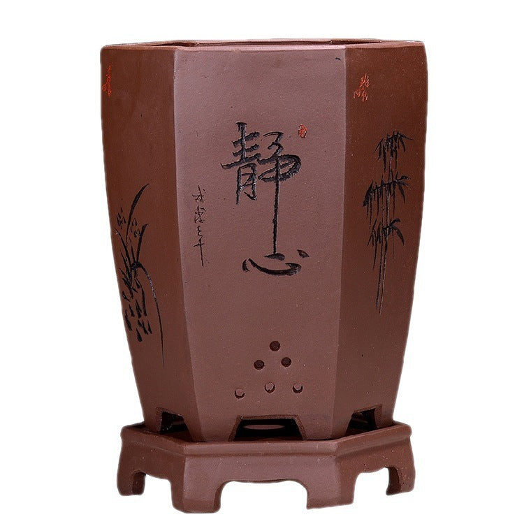 Fine Zisha Flowerpot Hand-carved Hexagonal