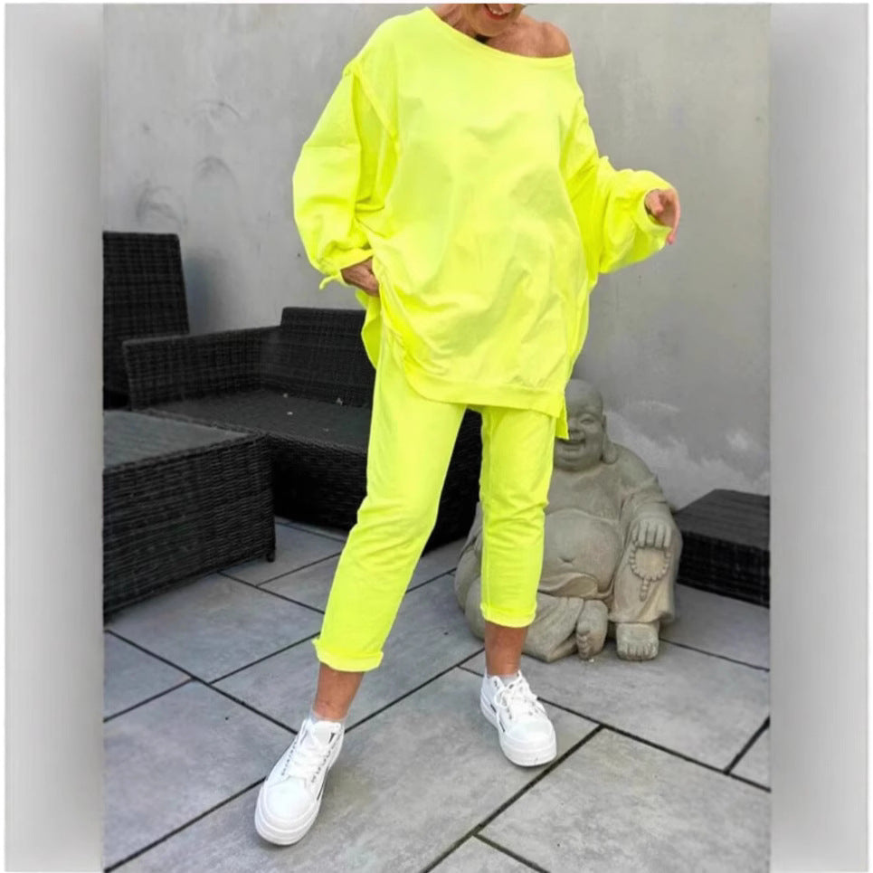 Casual Solid Color Round Neck Long Sleeve Top Two-piece Pants