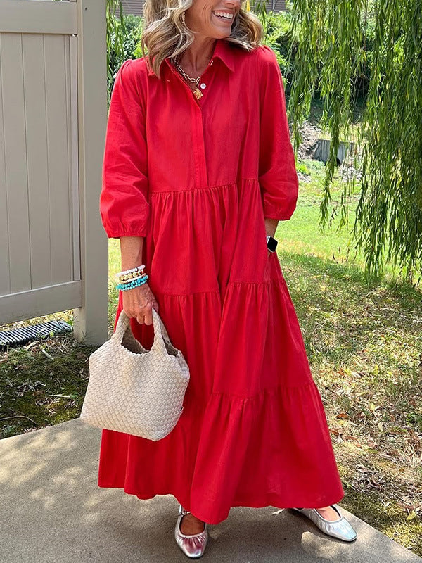 Casual Loose Lapels Mid-sleeve Large Swing Dress
