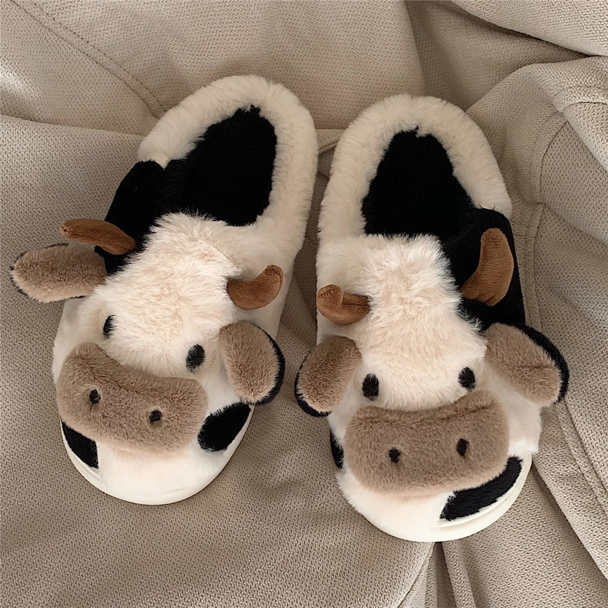 Indoor Home Cartoon Cow Fur Cotton Slippers Female