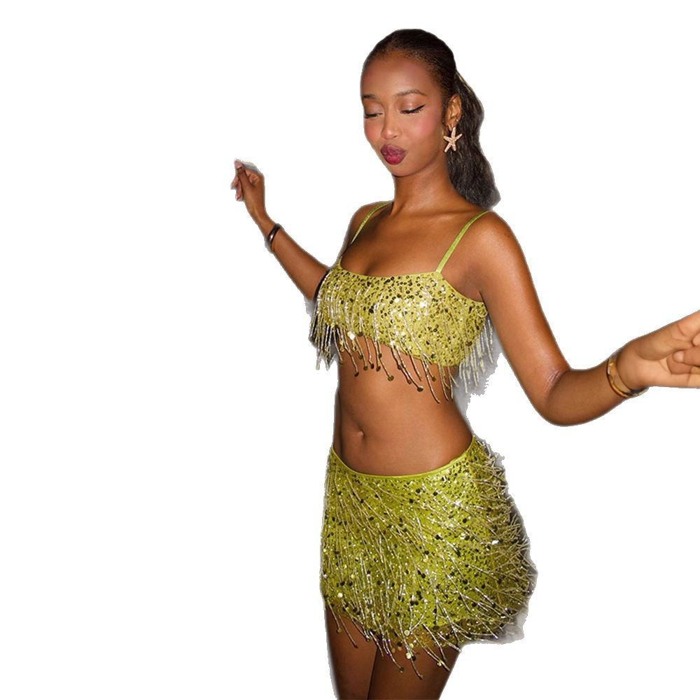 Tassel Sequins Crystal Beads Short Skirt Overall Dress Set