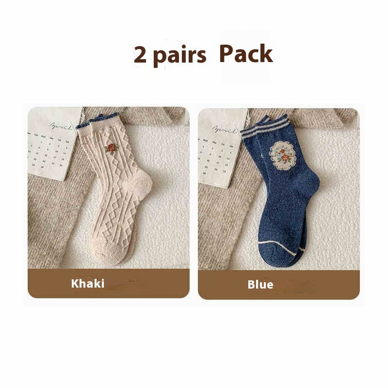 Vintage Small Flower Wool Socks Fleece Lined Padded Warm Keeping Tube Socks
