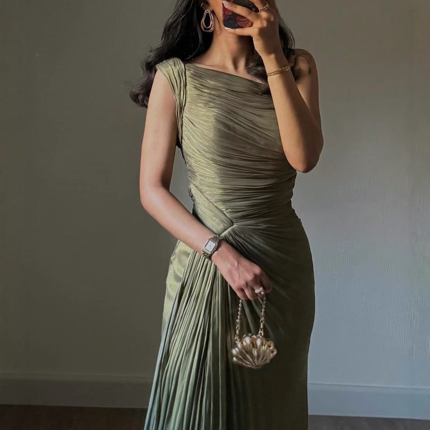 European And American Middle East Pleated Ribbon Shiny Evening Dress