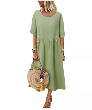 Plus Size Casual Round Neck Shirt With Half Sleeve Button Dress Women