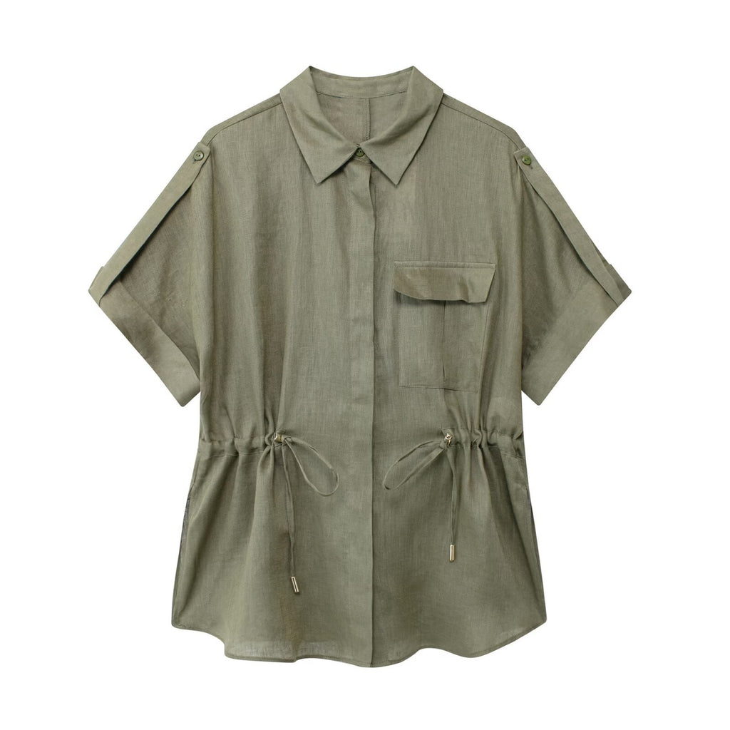 Europe And America Cross Border Women's Linen Adjustable Waist Shirt Straight-leg Pants Suit