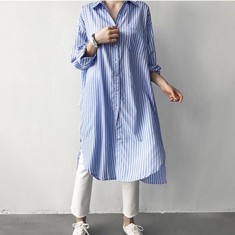 Early Autumn Lazy Cold Style Mid-length Striped Shirt