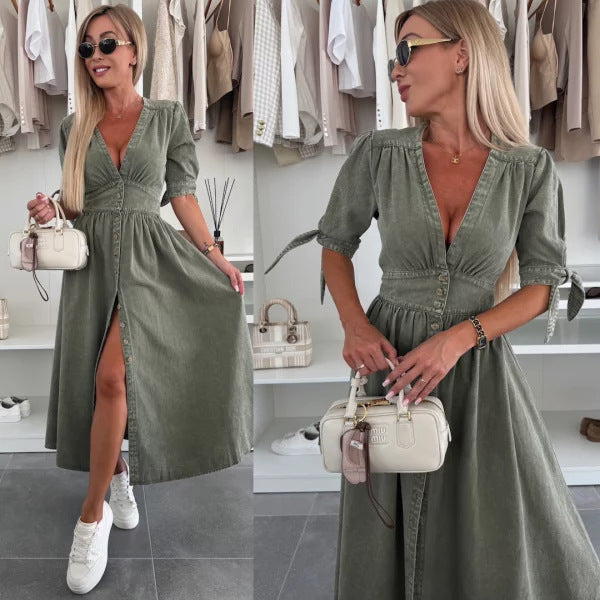 V-neck Short Sleeve Loose Denim Long Button Dress