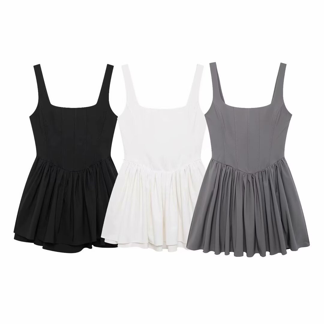 Fashion Solid Color Sleeveless Waist Trimming Spaghetti Straps Jumpsuit Skirt