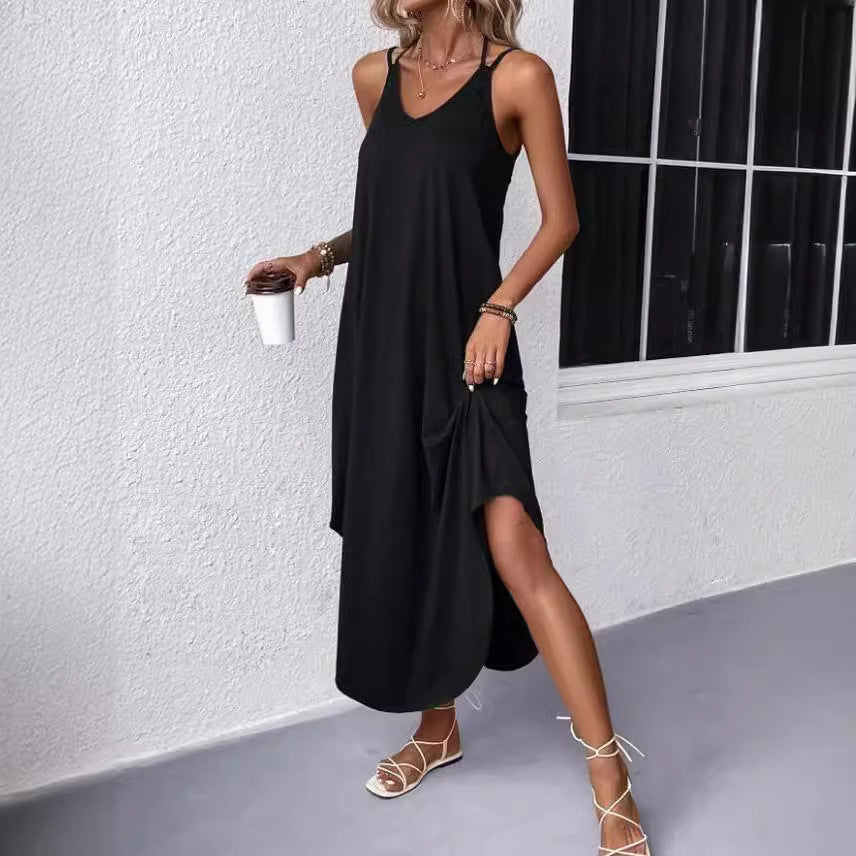 Summer Solid Color And V-neck Sling Backless Dress