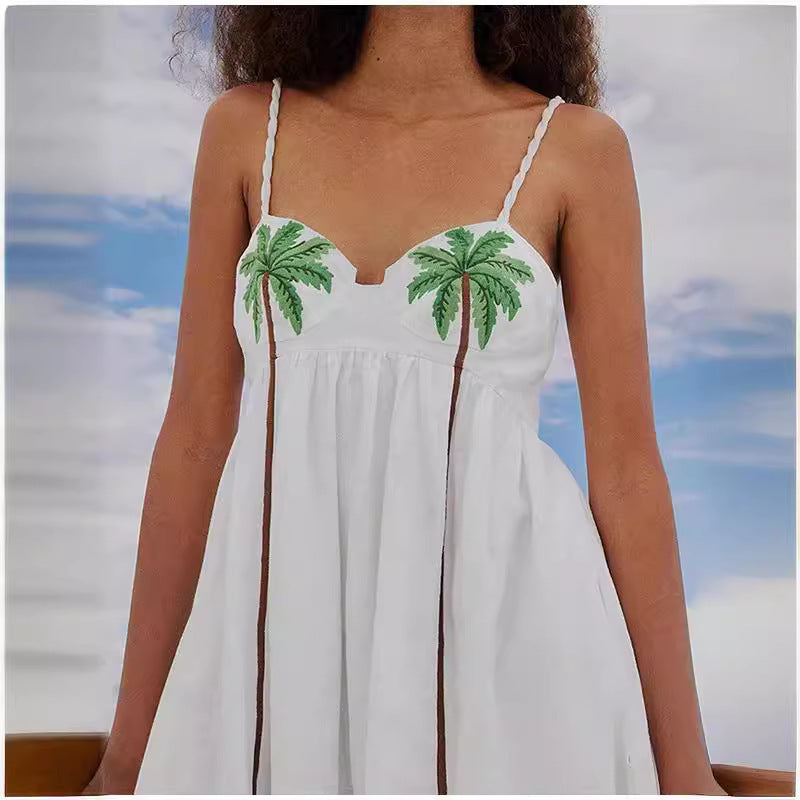Summer New Fashion Temperament Coconut Tree Printed Suspender Dress