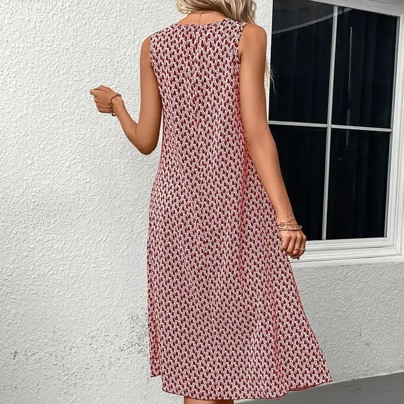Women's Round Neck Sleeveless Printed Mid-length Dress