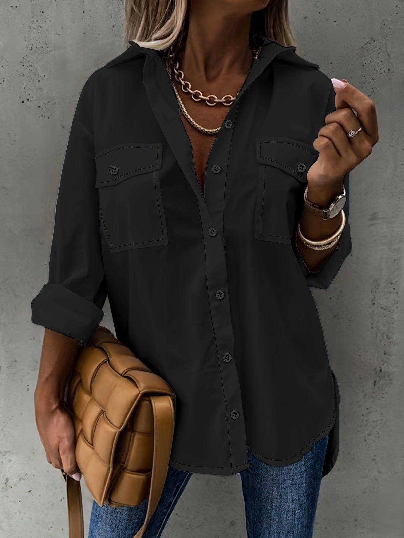 Loose Long Sleeve Lapel Shirt With Pockets Top