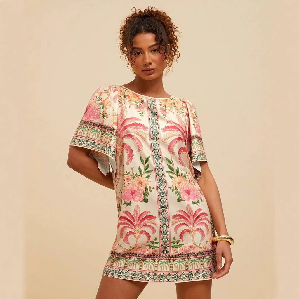 Fashion Retro Crew Neck Horn Printing Dress