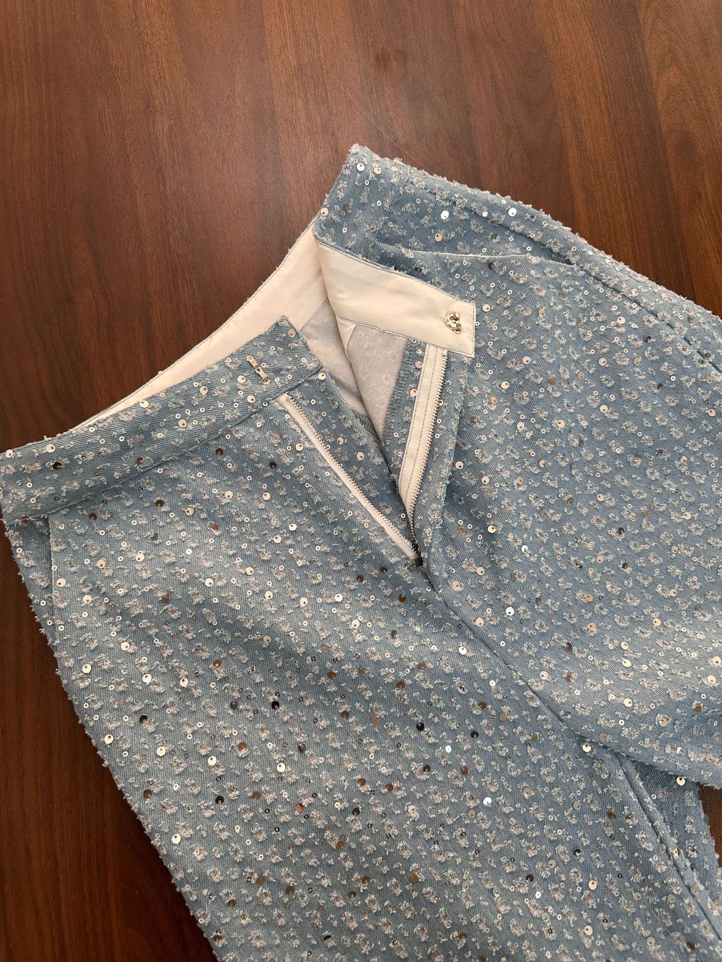 Women's Sexy Denim Sequined Slim-fit Tube Top Wide-leg Pants