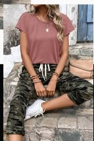 Summer Solid Color Round Neck Short Sleeve T-Shirt And Leopard Print Casual Pants Two Piece Set For Women
