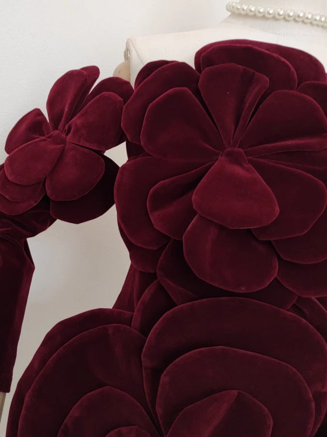 Niche Model Style Socialite Heavy-duty Velvet Three-dimensional Flower Tube Top Dress