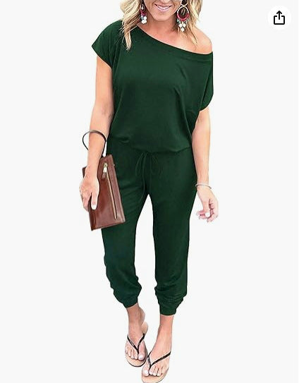 Fashion Slant Shoulder Short Sleeve Pocket Women's Jumpsuit