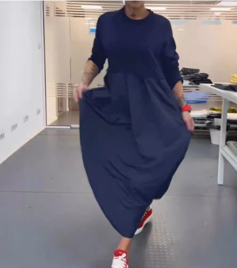 European And American Solid Color Round Neck Long Sleeve Plus Size Dress