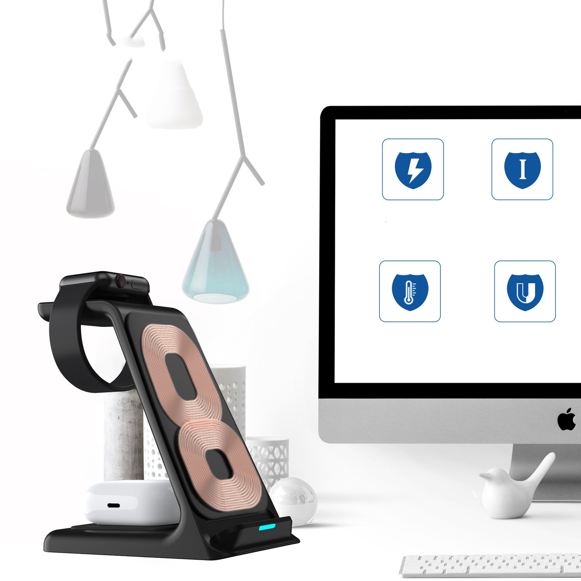 Vertical Three-in-one Wireless Charger 15W Fast Charging Dual-coil Desktop Stand