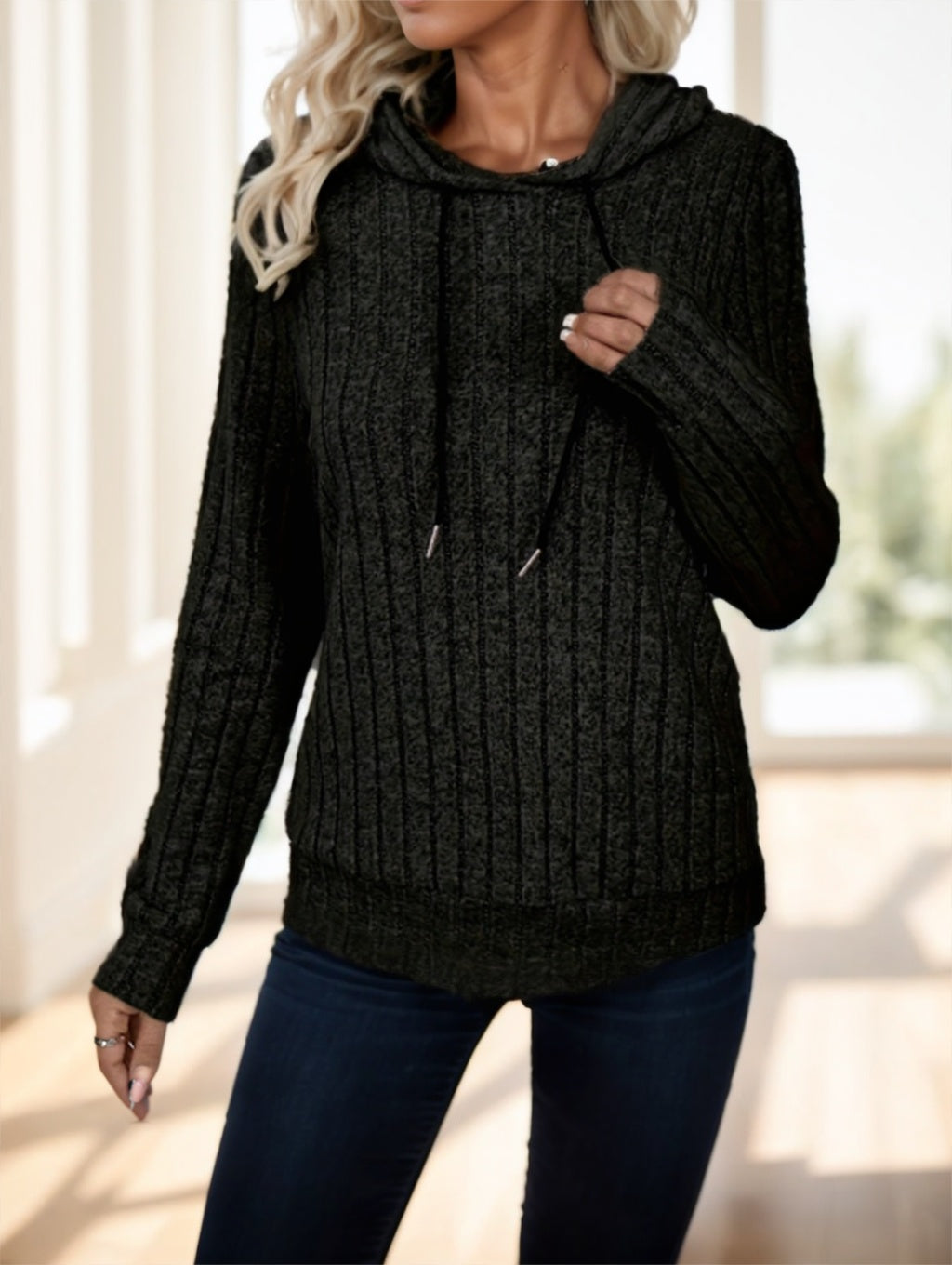 Solid Color Drawstring Ribbed Hoodie