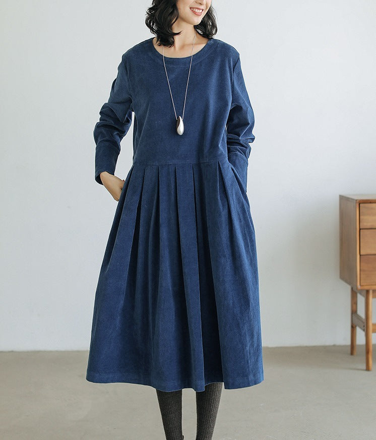 Long Sleeve Mid-length Artistic Corduroy Velvet Dress Women