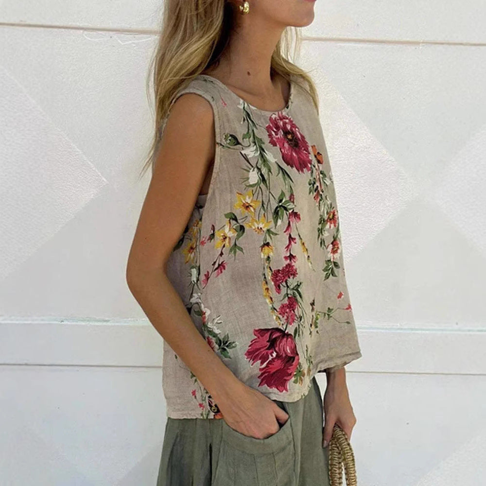 Round Neck Vest Casual Chinese Style Floral Cotton Linen