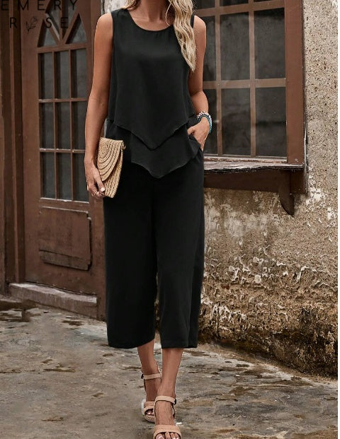 Women Summer Solid Color Asymmetric Hem Camisole And Pants 2 Piece Set