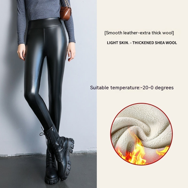 PU Fleece-lined High Waist Slimming Windproof Waterproof Leggings
