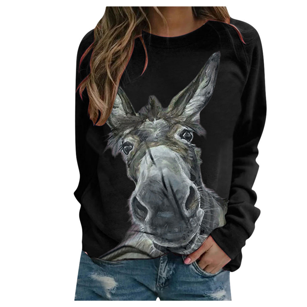 Loose Round Neck Donkey Head Floral Print Long Sleeve Pullover
