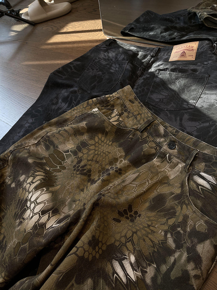 Spring Retro Canvas Snake Pattern Camouflage Heavy Washed Ruan Handsome Loose Casual Pants
