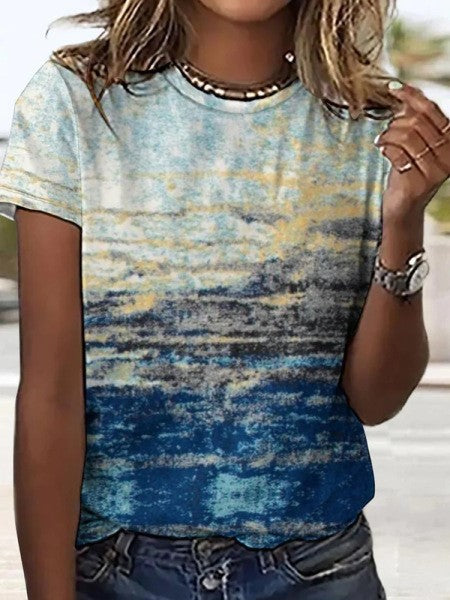 Casual Round Neck Short Sleeves Regular Pullover 3D Digital Printed T-shirt