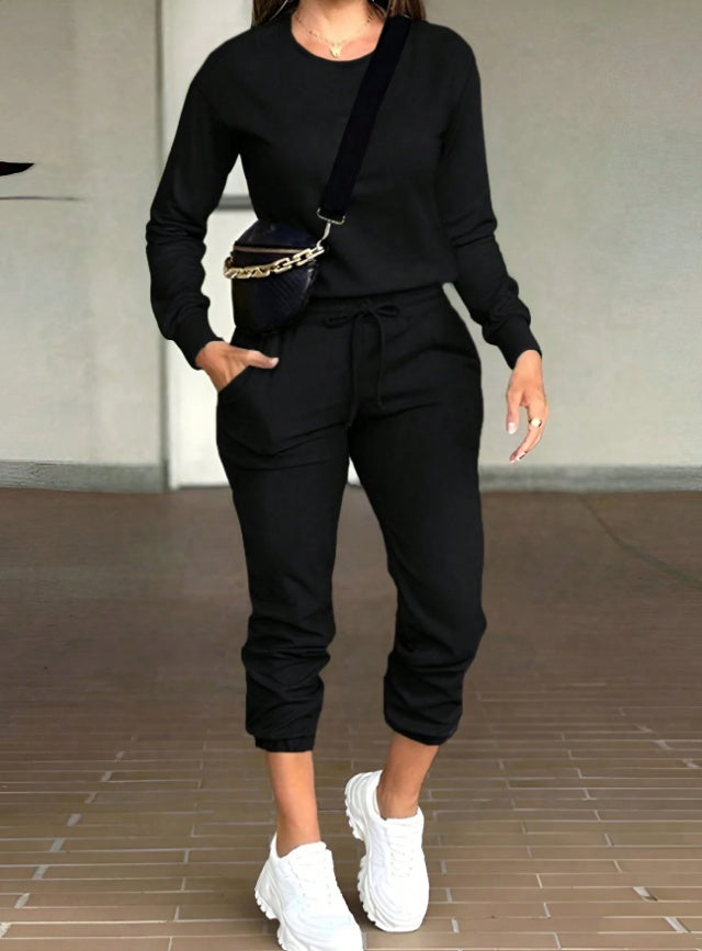 Casual Round Neck Long Sleeve Top And Pants Suit