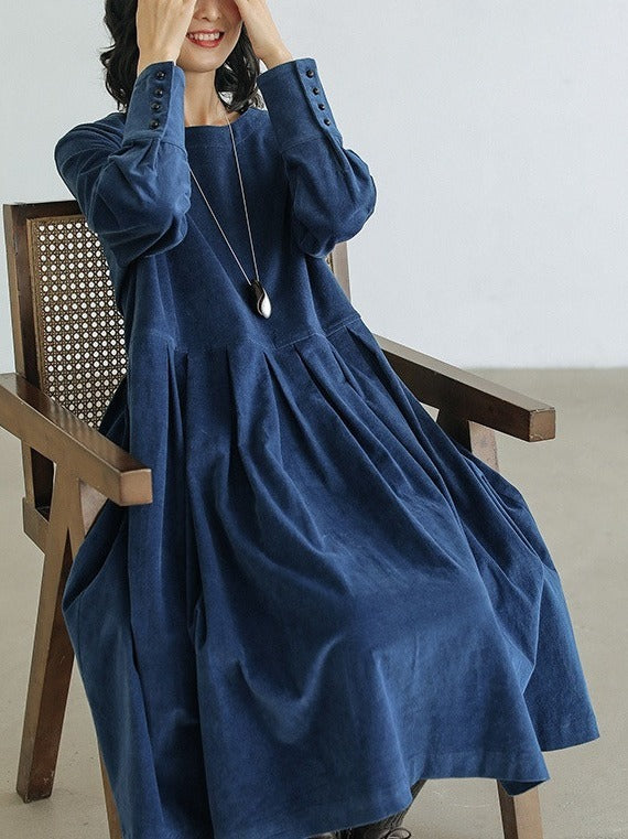 Long Sleeve Mid-length Artistic Corduroy Velvet Dress Women