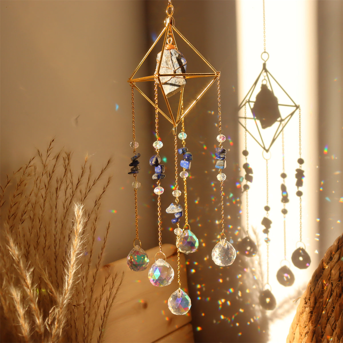 Natural Stone Metal Crystal Ball Wind Chime Pendant